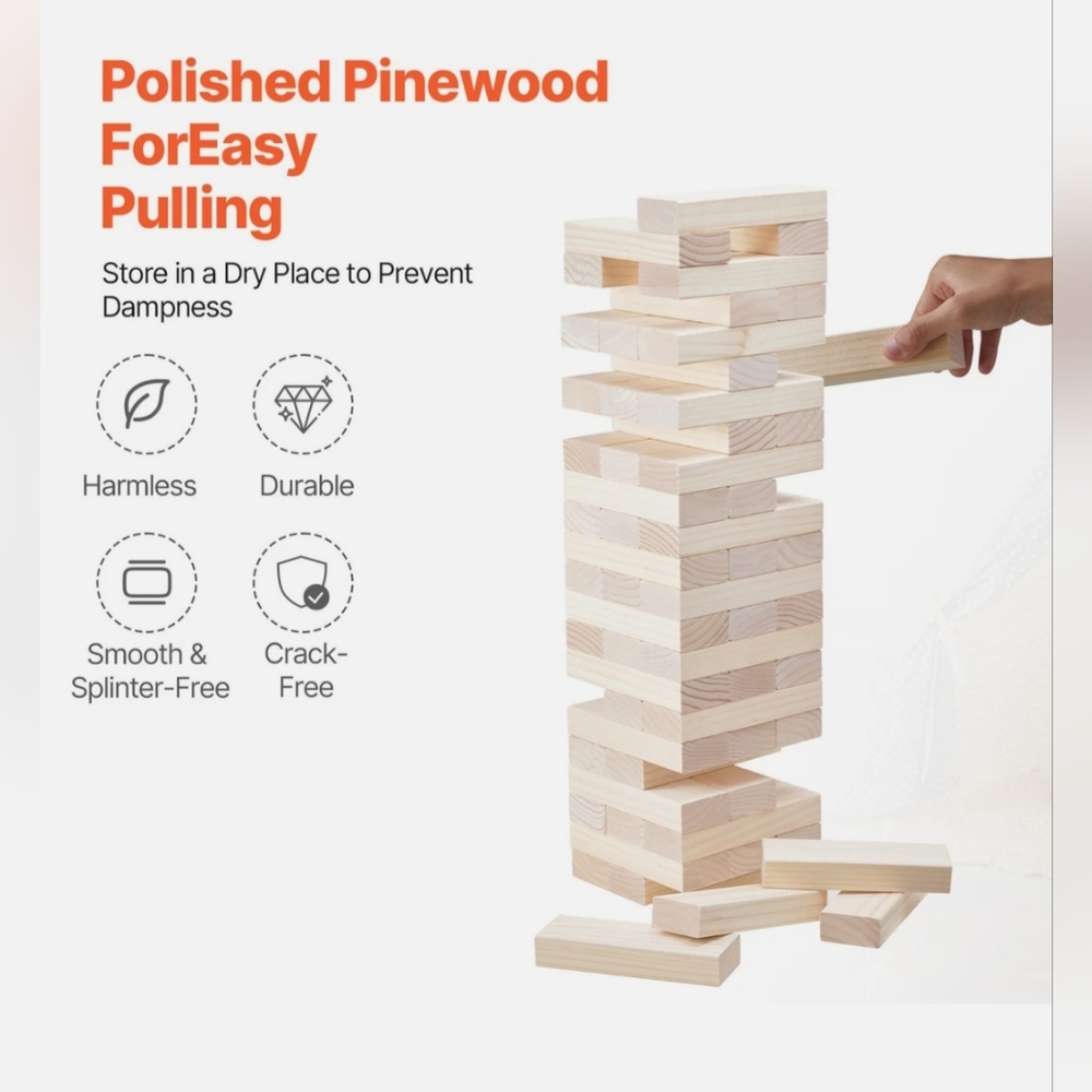 *NEW* Kraftman Tumble Tower Jumbo Block Game 60 Pine Wood Blocks